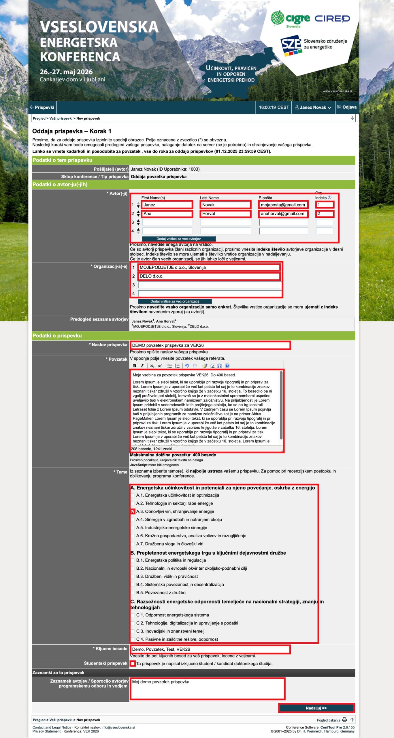 Conftool – Podatki oddaje povzetka prispevka Conftool - Podatki oddaje povzetka prispevka